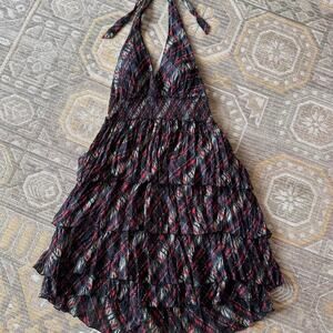 Guess Black & Red Plaid Tiered Halter Dress With Ruffles Open Back Size L